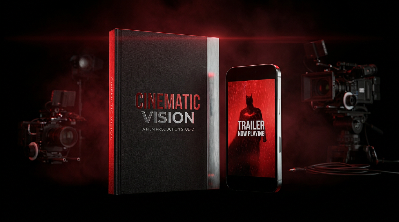 Un libro accanto a uno smartphone che mostra un trailer cinematografico, su un set di produzione